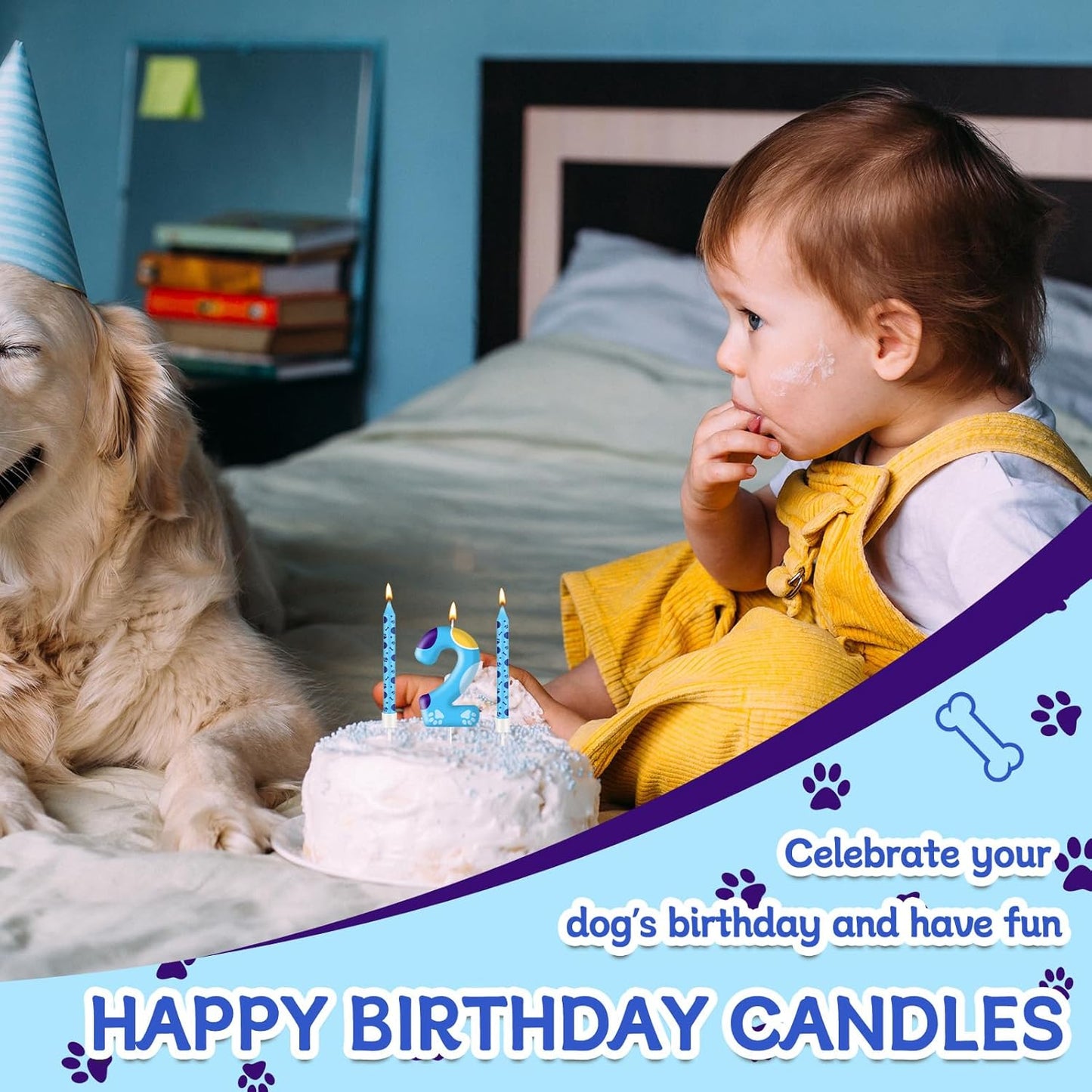 13PCS Blue Dog Paw Birthday Candles Set Cake Topper Numeral Birthday Candles for Boy Girl Dog Paw Decoration(Number 2)