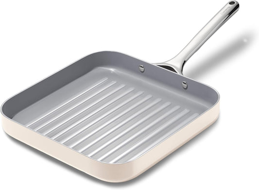 Caraway Square Grill Pan - 11” Grill Pan - Non-Stick Ceramic Coated - Non Toxic, PTFE & PFOA Free - Oven Safe & Compatible with All Stovetops - Cream