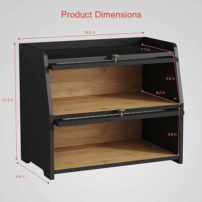 Goozii Large Bread Box for Kitchen Countertop, Black Bread Storage Container for Homemade Bread, Double Layer Farmhouse Breadbox Organizer for Kitchen Counter Cabinet, Pantry, Cupboard (Black)