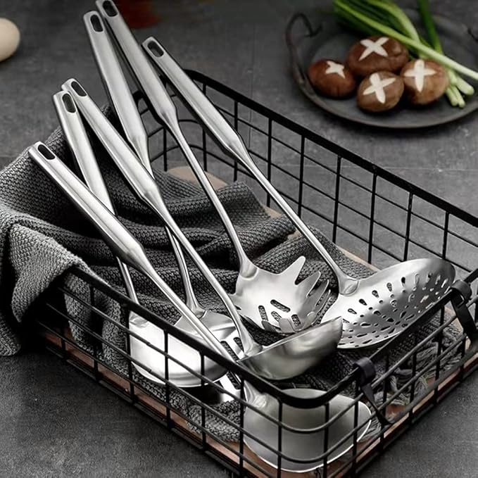 304 18/10 Stainless Steel Kitchen Utensils Set 9 Pcs Long Cooking Utensil, Spatula, Soup spoon, Leaking shovel, Ladle, Tunner, Pasta Server, Meat Fork Kitchen Tools Set (9 Pieces Set)
