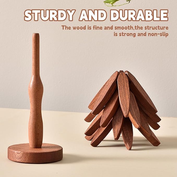 Wooden Cup Coaster Set，Tree Shape Trivet Set,Tree Coasters- 4 Wooden Trivets + 1 Stand stored for hot Dish/Pot/Bowl/teapot/hot Pot Set (Brown)