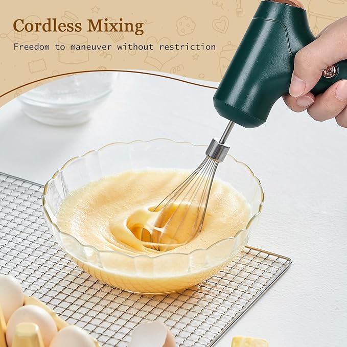 Cordless Hand Mixer, Handheld Electric Whisk with 3 Speed Modes, Hand Held Egg Beater with 2 Detachable Stir Whisks (Green)