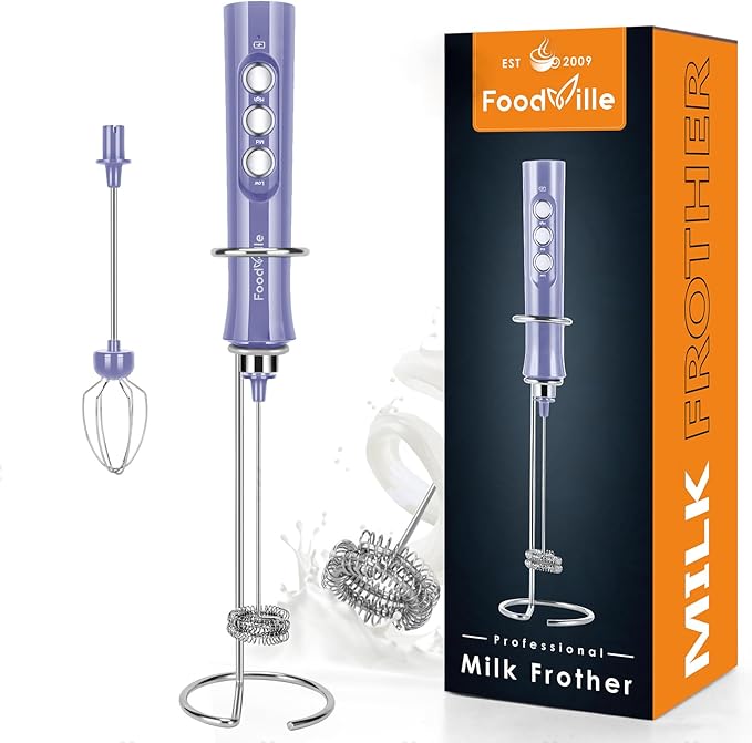 FoodVille MF02 Rechargeable Milk Frother Handheld Foam Maker with Stainless Whisk for Cappuccino, Latte, Bulletproof Coffee, Keto Diet, Protein Powder, Matcha (Ultra Violet)