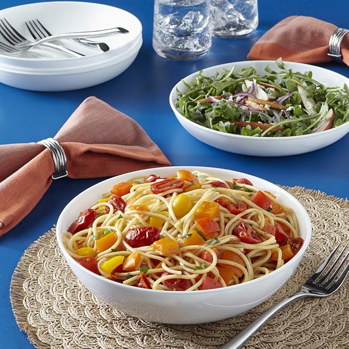 Corelle 4-Pc Meal Bowls Set Service for 4, Durable and Eco-Friendly 9-1/4-Inch Glass Bowls, Compact Stack Bowl Set, Microwave and Dishwasher Safe, White, 46 Ounces