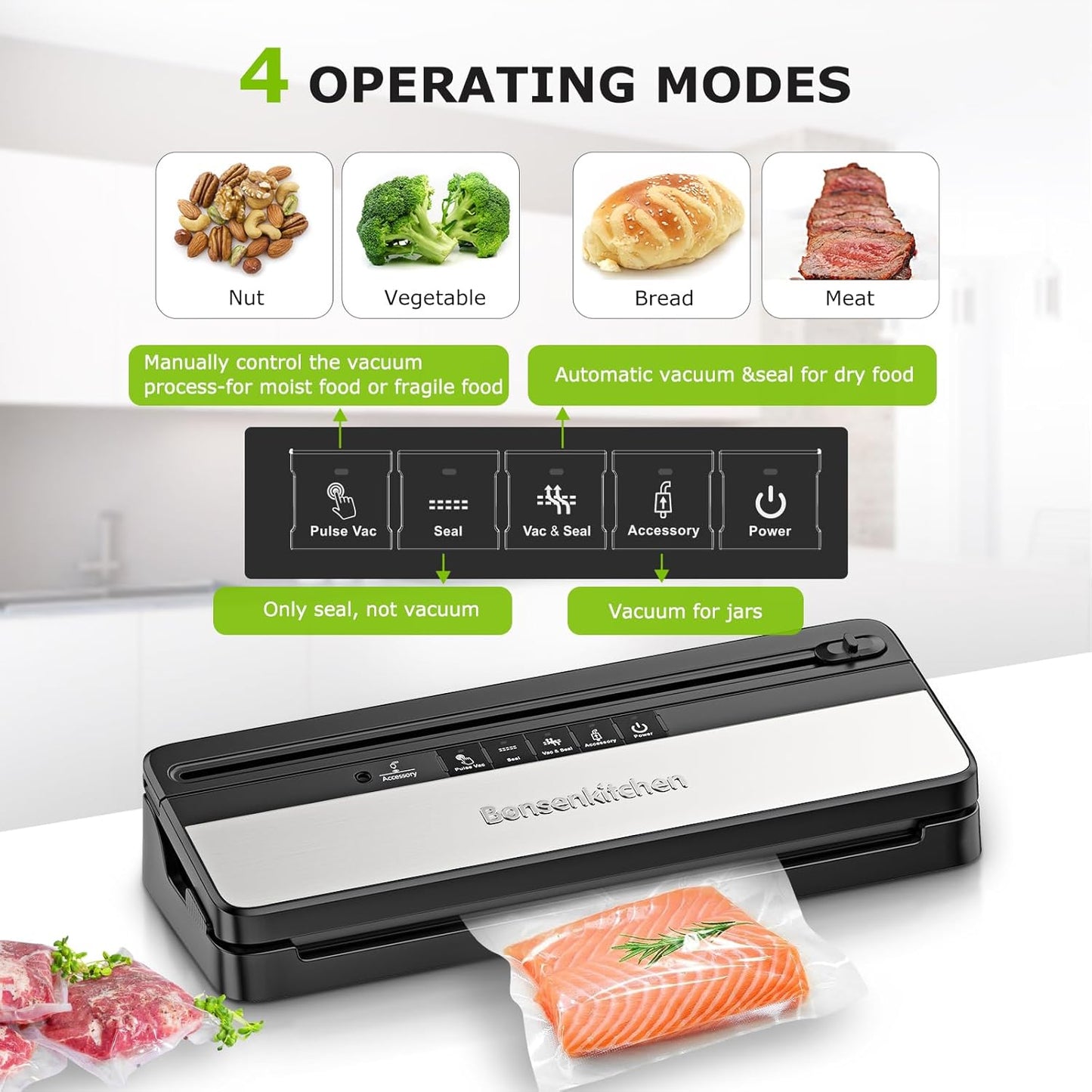 Bonsenkitchen Vacuum Sealer Machine, Multi-Functional Food Sealer with 50 Vacuum Bags & 1 Roll for Food Storage, Built-in Cutter, Black