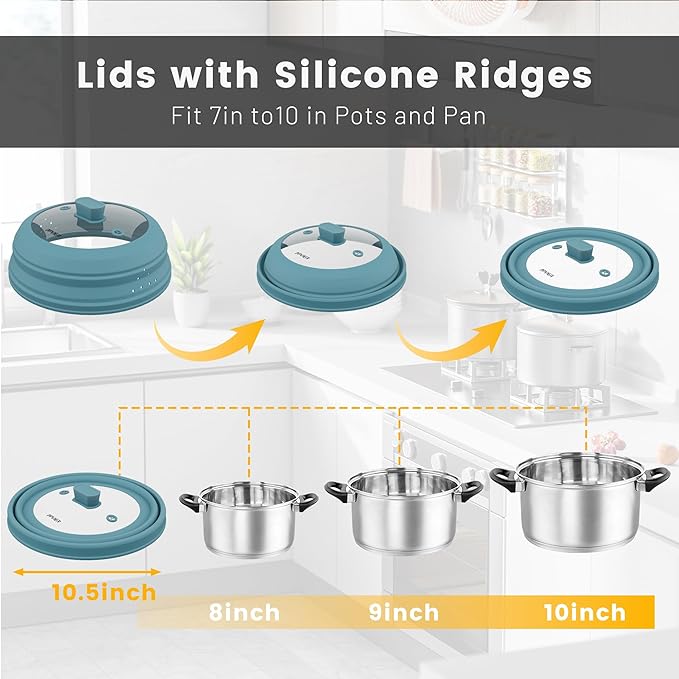 Microwave Splatter Cover, Vented Silicone and Glass Cover Splatter Guard Lid, Food Collapsible Plate Cover Lid with Easy Grip Handle. (Blue, 10.8 inch)