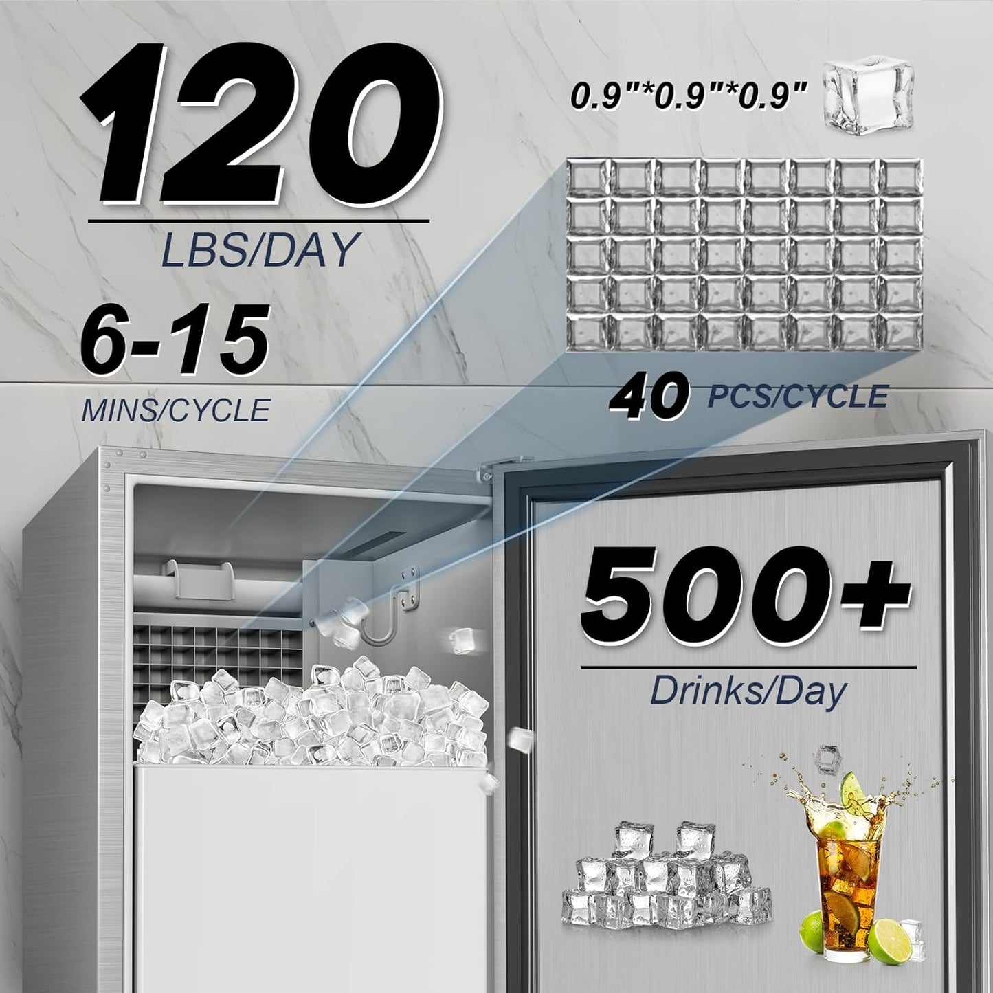 Under Counter Ice Maker Machine - 120 LBS/Day, Built in/Freestanding Placed, Auto-Cleaning,Reversible Door, Built 25LBS Ice Storage, Stainless Steel Ice Machine for Home & Commerial Outdoor Use