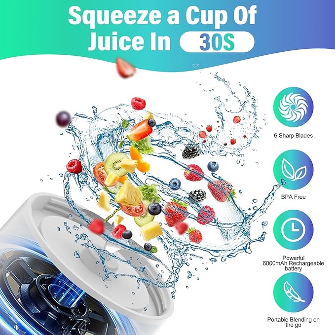 Portable Blender, 360W Personal Blender for Shakes and Smoothies for Kitchen, 24 Oz BPA Free Traveling Juicer Cup and Lid with 6 Blades, Self Cleaning Portable Juicer for Kitchen/Travel/Gym, White