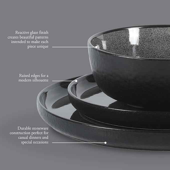 Gibson Elite Tahoe Sunset 12 Piece Stoneware Reactive Glaze (Service for 4) Ceramic Plates and Bowls Dinnerware Set - Black
