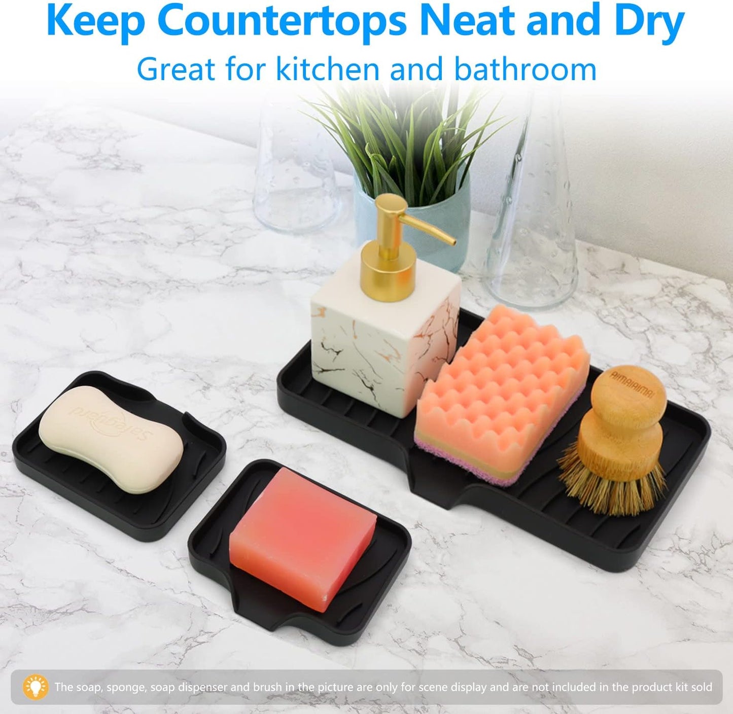 3-Pack Silicone Soap Dish, Sponge Holder for Sink, Kitchen Soap Tray, Bathroom Soap Holder, Sponge Tray with Drain (Black)