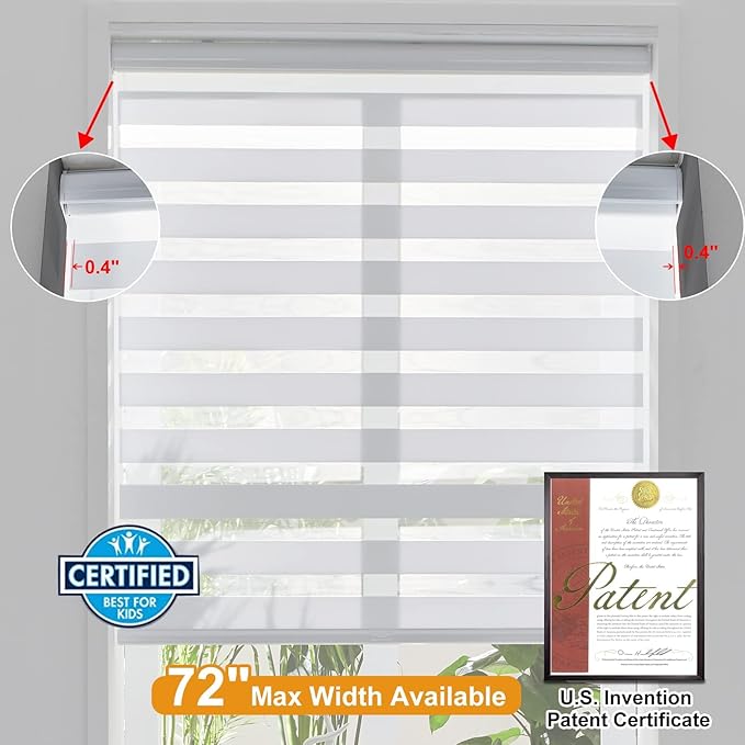 Persilux Cordless Zebra Blinds for Windows, Light Filtering Roller Shades for Windows (67" W x 72" H, White) Light Control for Day and Night, Light Filtering Sheer Shades for Home, Office, Bedroom