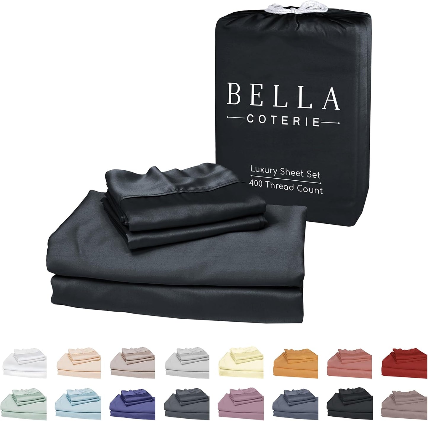 Bella Coterie Luxury Bamboo Viscose Split King Size Sheet Set | 100% Organically Grown | Ultra Soft | Cooling for Hot Sleepers | 18" Deep Pocket [Black]