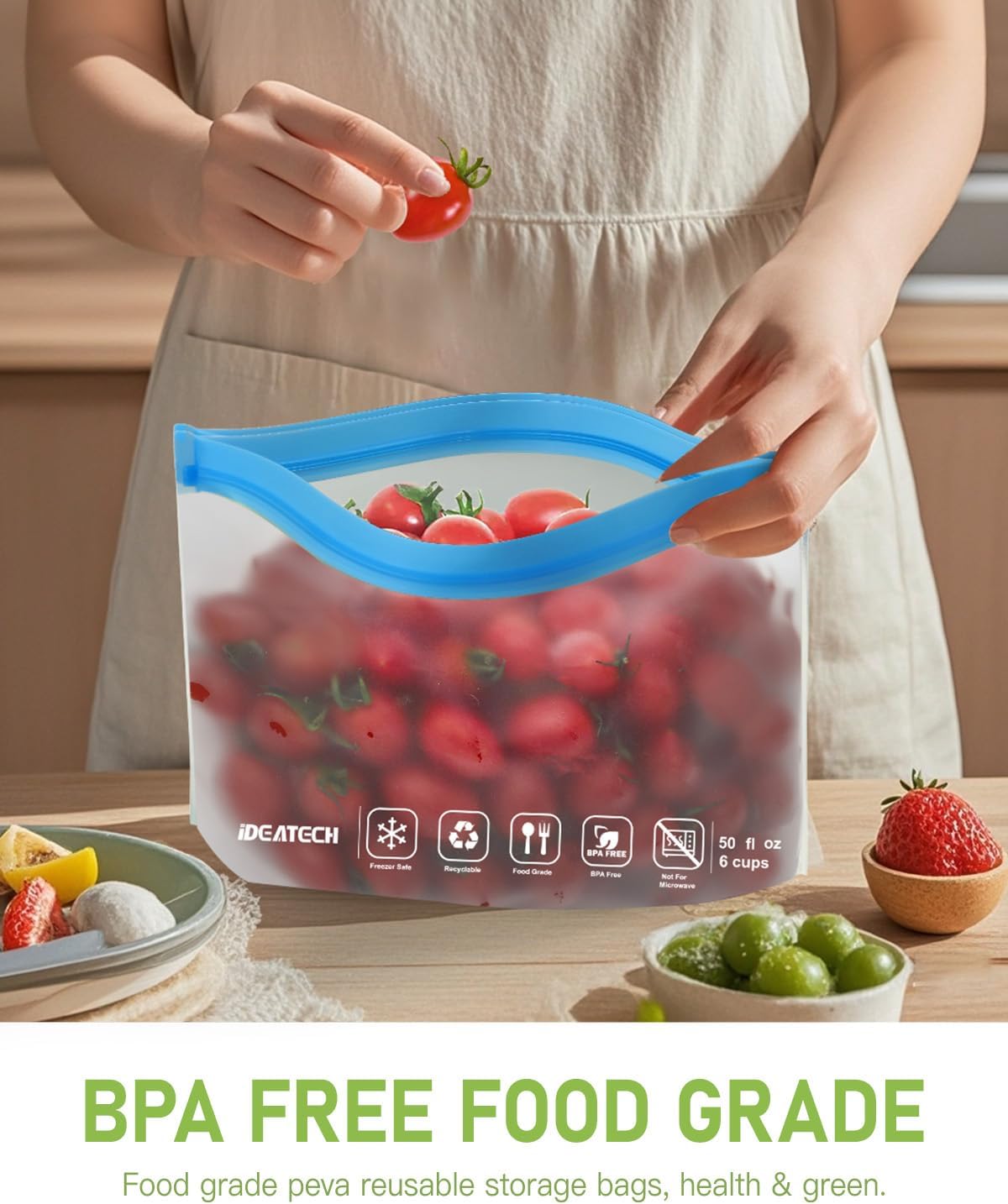 IDEATECH 8Pack Gallon Bags Dishwasher Safe, Leakproof Reusable Gallon Freezer Bags, BPA Free Reusable Gallon Bags, Reusable Food Storage Bags Silicone for Meats, Sandwich, Travel (8Gallon, Colored)
