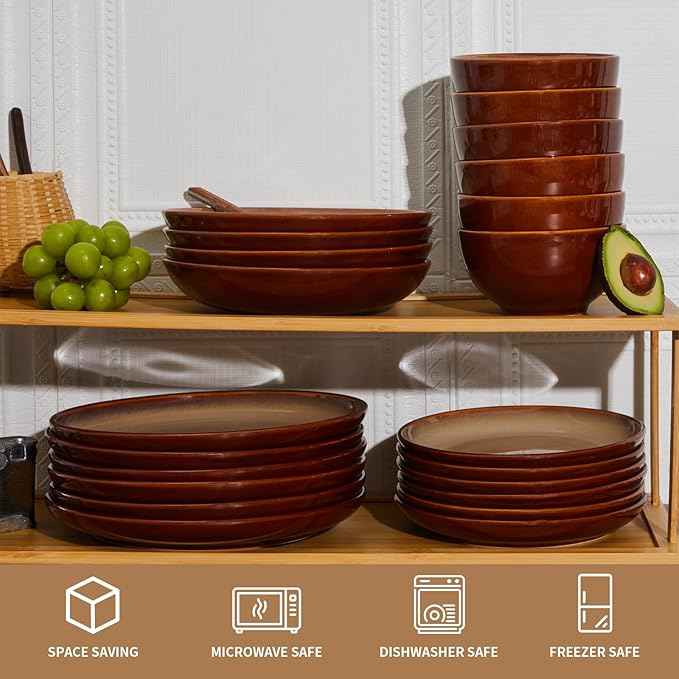 24 Piece Dinnerware Sets for 8, Modern Stoneware Plates and Bowls Sets, Perfect for Family Gatherings & Holiday Celebrations, Easy Cleaning Dish Set, Stack Compactly Dinner Set, Brown Yellow