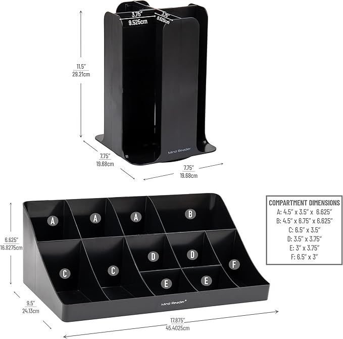 Mind Reader Cup Carousel and Condiment Organizer Set, Countertop Org, Coffee Bar, 7.75"L x 7.75"W x 11.5"H, 2 Pcs., Black
