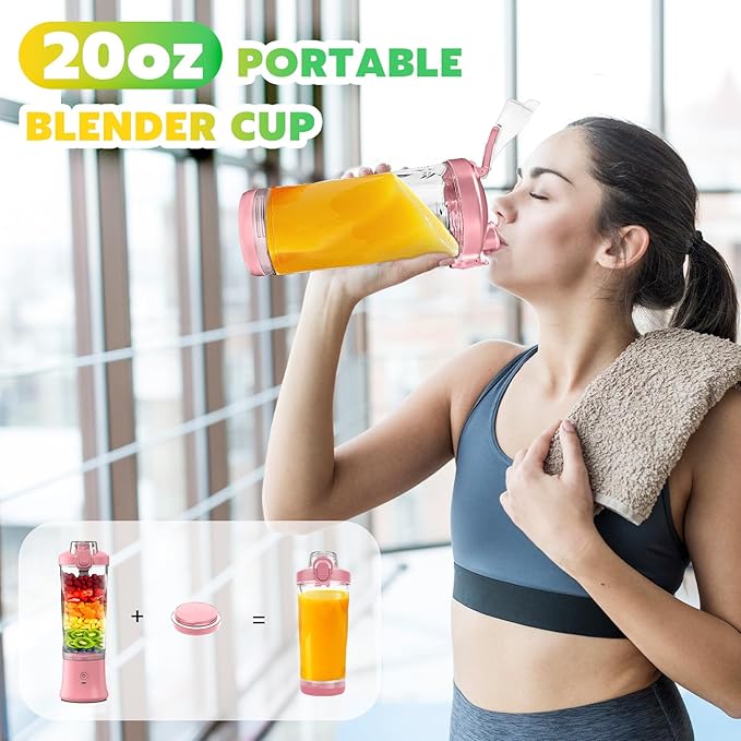 Portable Blender Personal Juicer for Shakes and Smoothies - 20 OZ Electric Protein Shaker Bottle with Insulated Sleeve, Travel Lid, USB-C Rechargeable - Mini Small Blender Cup for Kitchen, Office, Gym