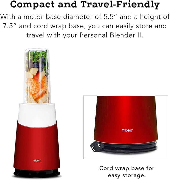 Tribest Mason Jar Ready Personal Blender 2 with Mason Jar Blending Mug, Red