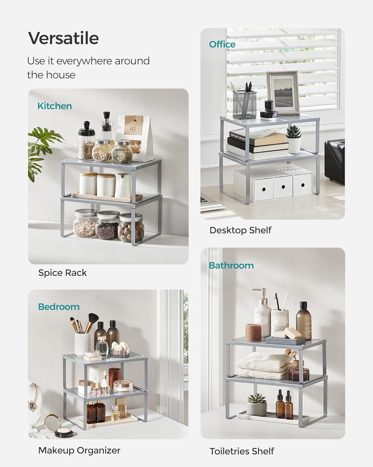 SONGMICS Spice Racks, Set of 2 Metal Cabinet Shelf Organizers, Countertop Organizers, Shelf Risers, Stackable, Expandable, Silver UKCS01SV