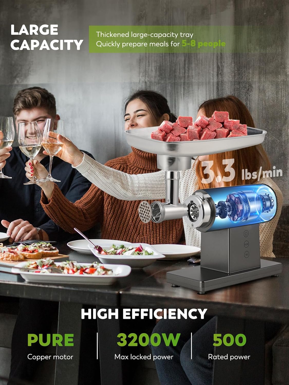 Meat Grinder Electric 3200W Heavy Duty Meat Mincer Chopper Machine Touch Control Multifunctional with Cutting Blade 3 Grinding Plates 3 Sausage Stuffers Kubbe Kit for Household&Commercial