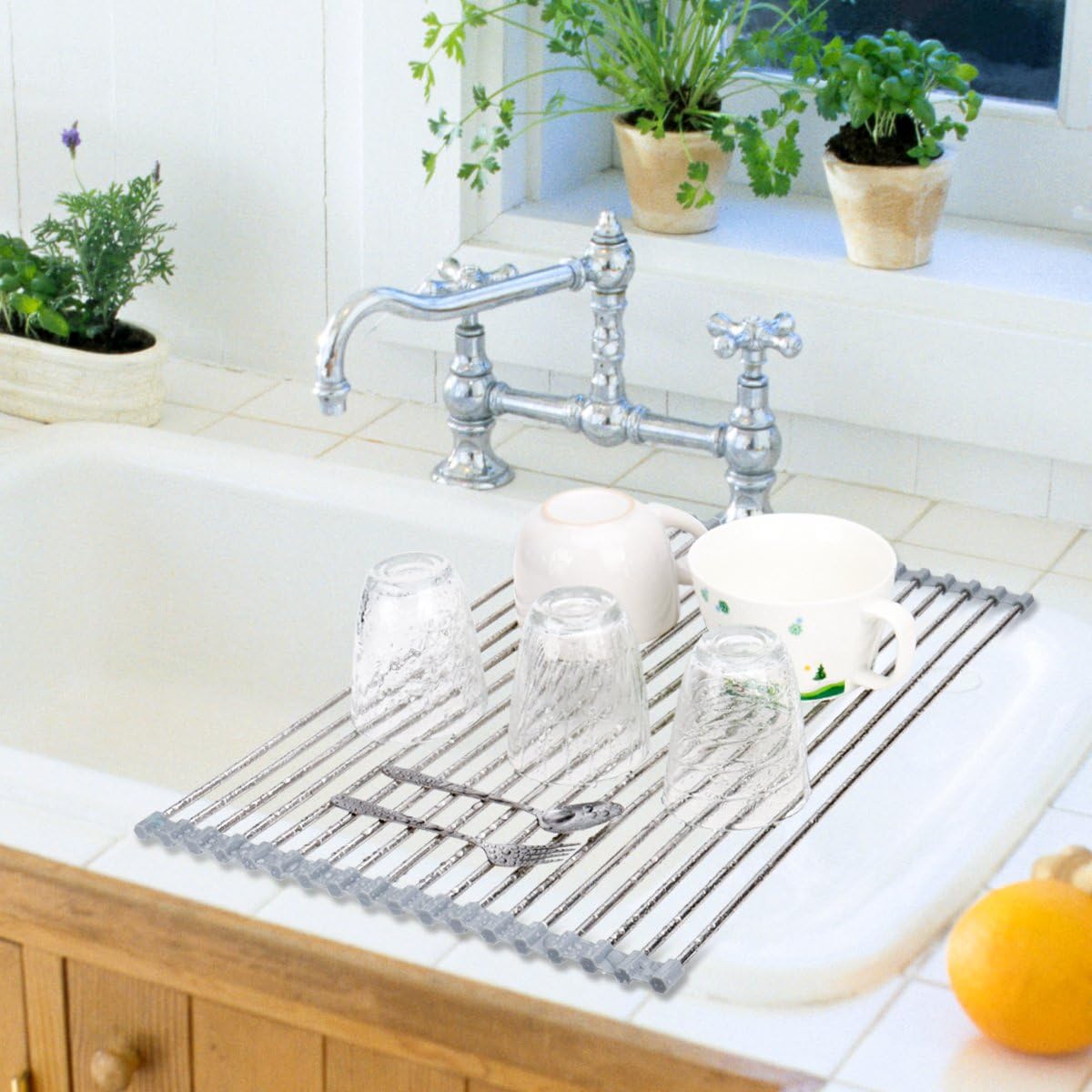 Roll-Up Sink Drying Rack 17.7"(L) x 13.8"(W) - Multipurpose Heat Resistant Over The Stainless Steel & Silicone Dish Rollable Kitchen Drainer, Gray