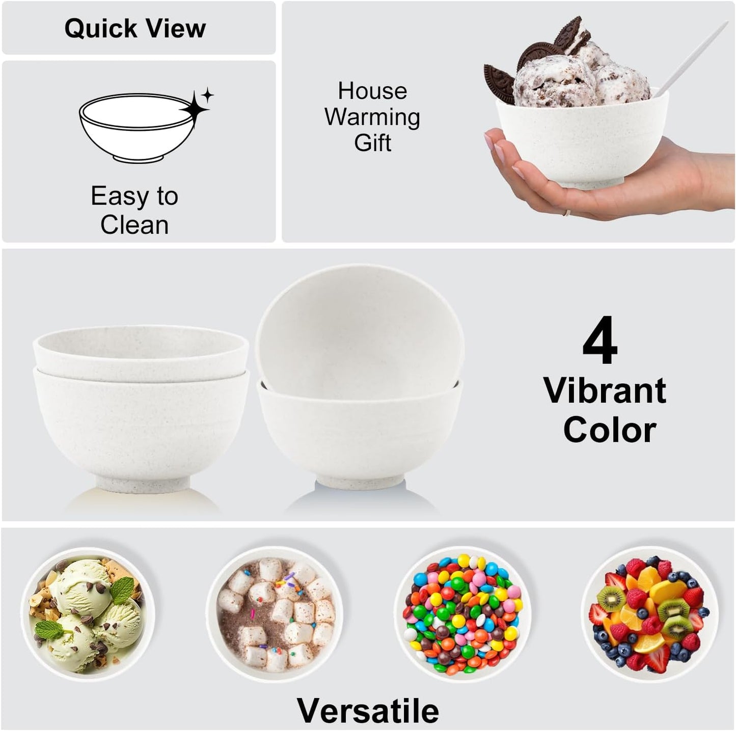 Wheat Straw Snack Bowls 10oz Set of 8 - Unbreakable Dessert Bowl for Kids - Small White Bowls for Ice Cream,Snack and Fruits - Microwave & Dishwasher Safe Mini Appetizer Bowl Sets - White