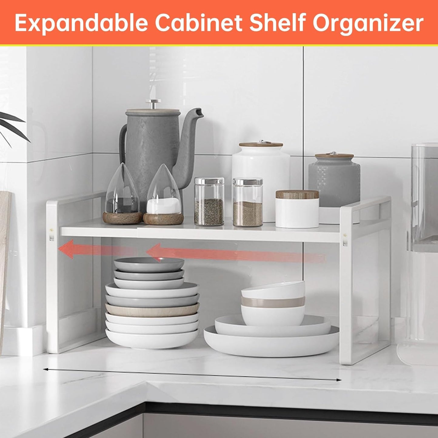 Adjustable Kitchen Shelf Organizer 9", (2 Pack) Heavy-Duty Cabinet Shelves for Countertop, Pantry & Microwave, Expandable Space-Saving Storage Rack with Non-Slip Pads, White