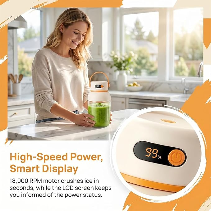 Portable Electric Juicer Cup with Zero Cord Hassle,Rechargeable Personal Blender,Digital Display,Power off when the lid is opened,2600mAh battery capacity for Gym, Office, Outdoors (800ml)