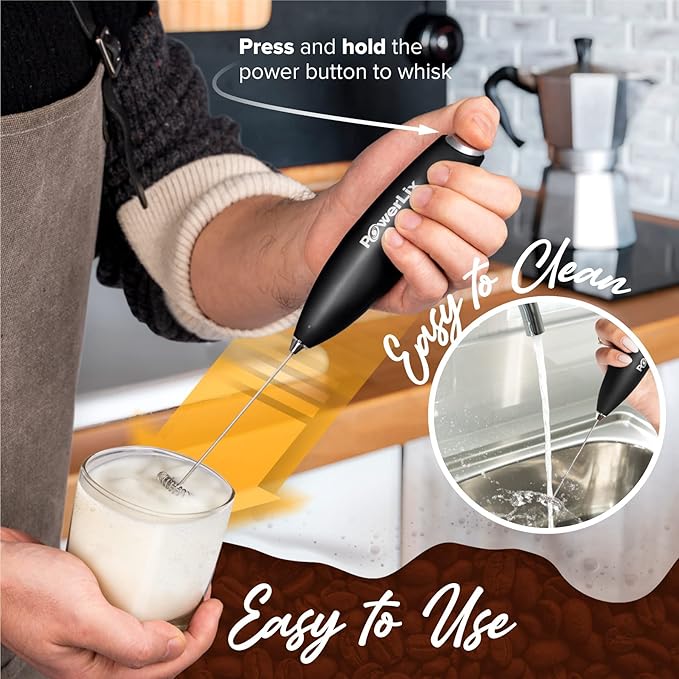 PowerLix Milk Frother Handheld Battery Operated Electric Whisk Foam Maker For Coffee, Latte, Cappuccino, Hot Chocolate, Coffee Accessories With Stainless Steel Stand (Metallic Black)