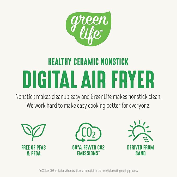 GreenLife Compact Electric Air Fryer Oven, 5.3 QT, PFAS-Free Ceramic Nonstick Drawer, 8 One Touch Digital Display, Easy View Window, Auto Shut-Off Timer, Dishwasher Safe Parts, 1500 Watts, Taupe