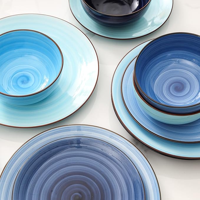 Selamica Ceramic Dinnerware Sets, 12 Pieces Plates and Bowls Sets, Scratch Resistant Dishes Set for 4, Handpainted Swirl Dishware Sets with Spray Black Dots, Dishwasher&Microwave Safe, Gradient Blue