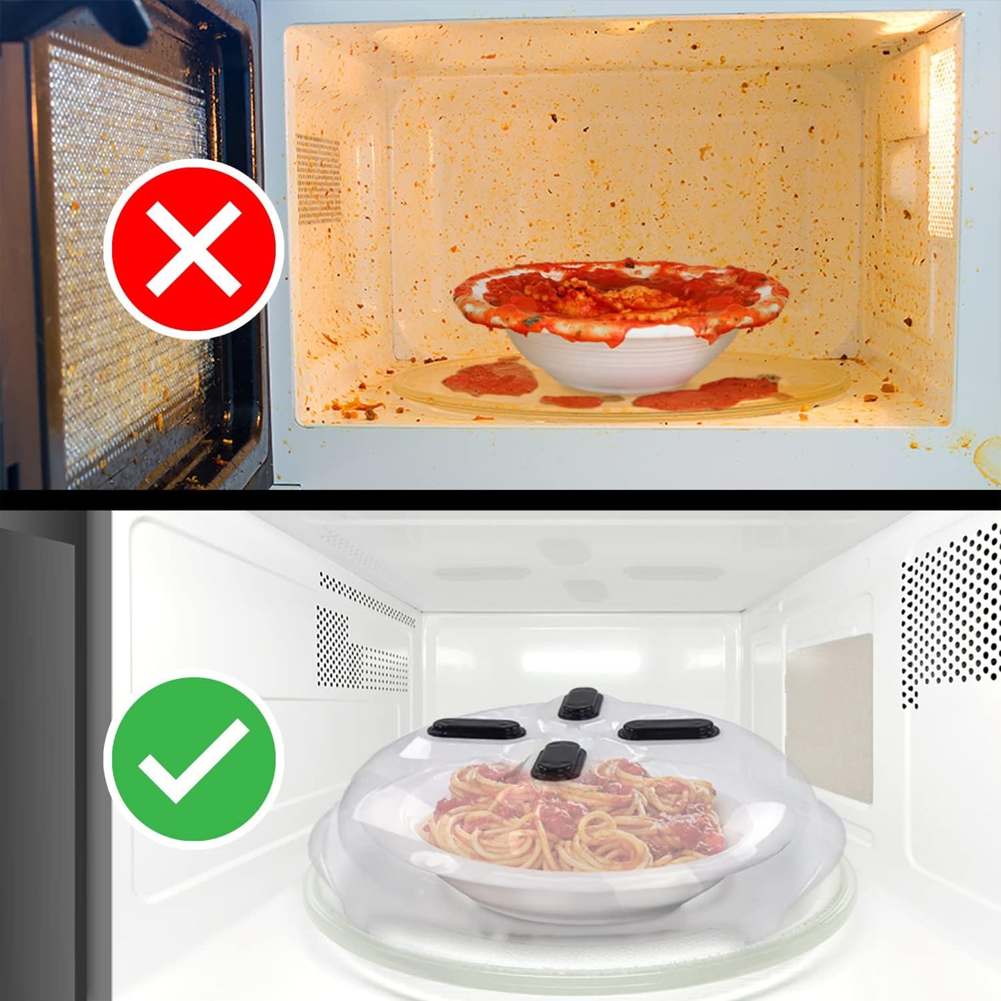 Magnetic Splatter Cover, 12-Inch Clear BPA-Free Food Lid, Vented Plate Guard with Steam Vents, Anti-Splash Microwave Lid, Dishwasher Safe, Space-Saving Magnetic Storage - Black 2 Pack