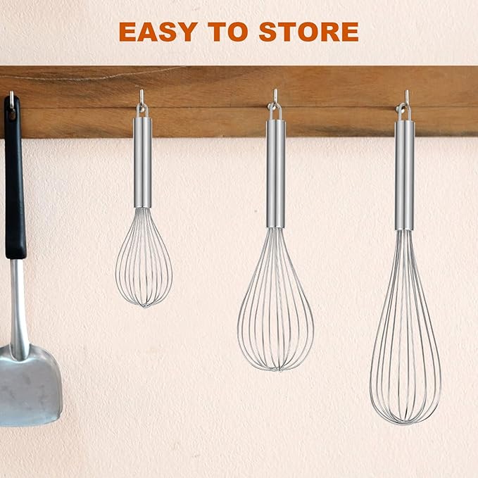 Metal Whisks for Cooking Stainless Steel Whisk Set 3 Pack Wisking Tool Balloon Wisk 8" 10" 12" Wire Whisk for Baking, Whisking, Mixing, Blending