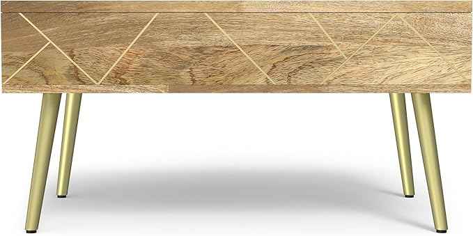 SIMPLIHOME Jager Lift Top Coffee Table - 36 inch Wide Solid Mango Wood Contemporary Modern Cocktail Table in Natural, Stylish Living Room Table with Hidden Storage, Brass Inlay, and Gold Metal Legs
