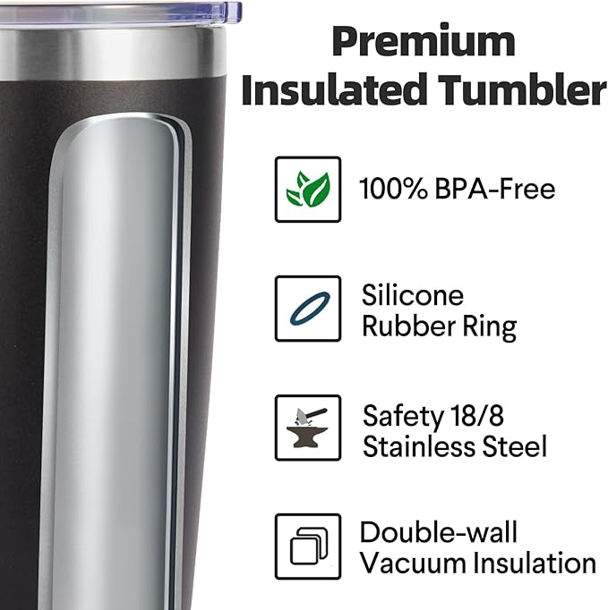 Volhoply 20oz Stainless Steel Tumbler with Lid and Straw Bulk 4 Pack,Double Wall Insulated Travel Iced Coffee Mug Fits Cup holder,Powder Coated Cups for Hot/Cold Drinks,Christmas Gifts（Black,4 Set）