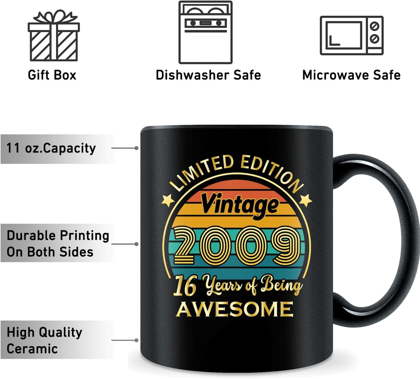 QUPT 16th Birthday Gifts for Girls Boys, 16th Birthday Gifts for Him, 2009 Birthday Gifts for Girls Boys, 16 Years Old Gifts, 2009 Birthday Gifts for Her Him, 16th Birthday Presents Coffee Mug