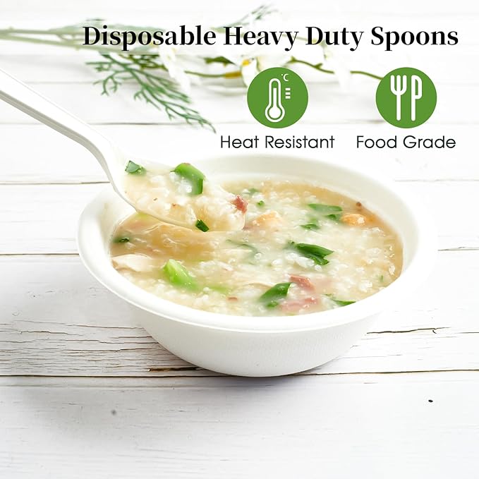 ECOLipak 150 Pcs White Disposable Spoons, 6.7 Inch Large Size Heavy Duty No Plastic Spoons for Party, BBQ, Picnic