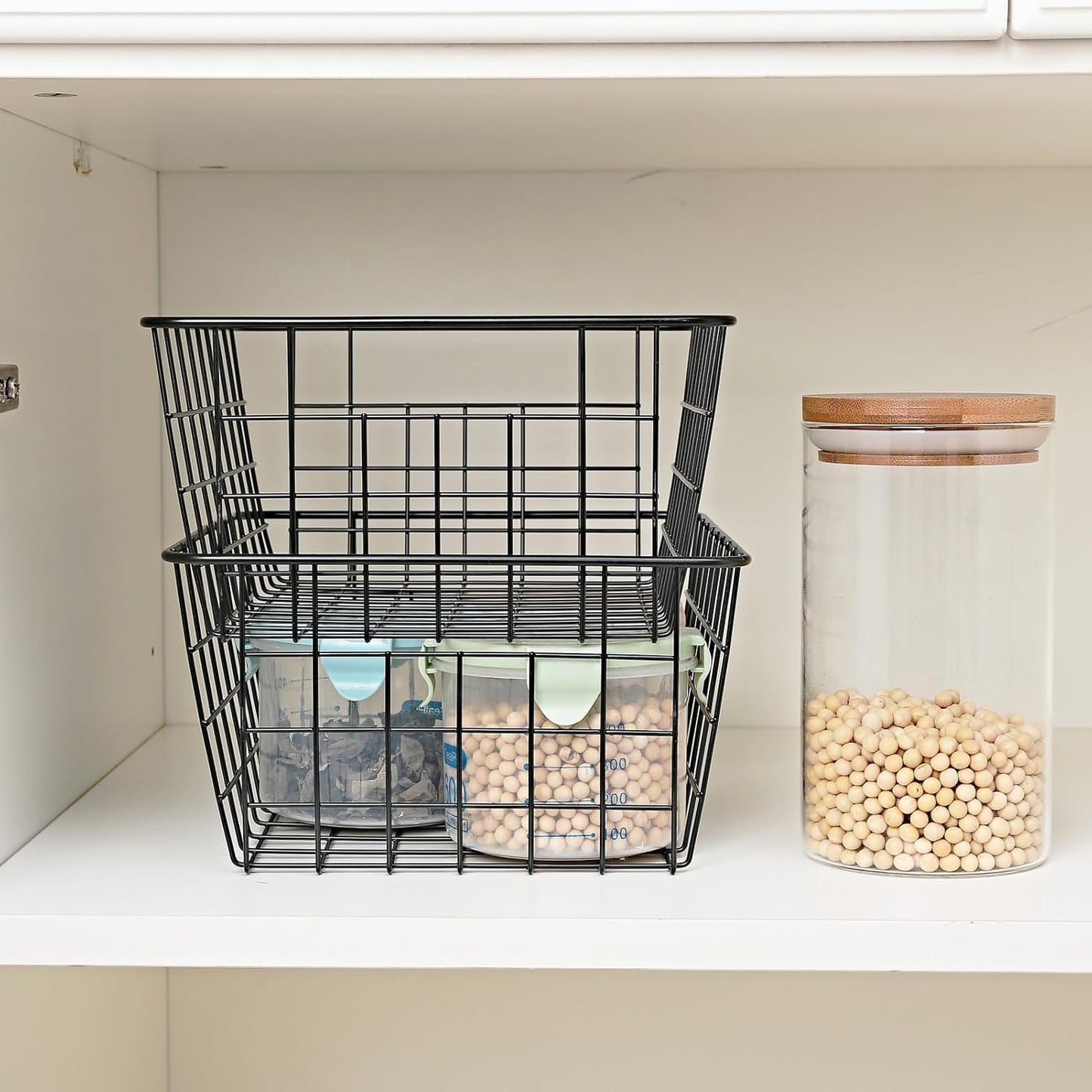 11" Upright Freezer Storage Baskets, Black Wire Storage Bins Small Bakset for Freezer, Pantry, Bathroom Organizing, Set of 4