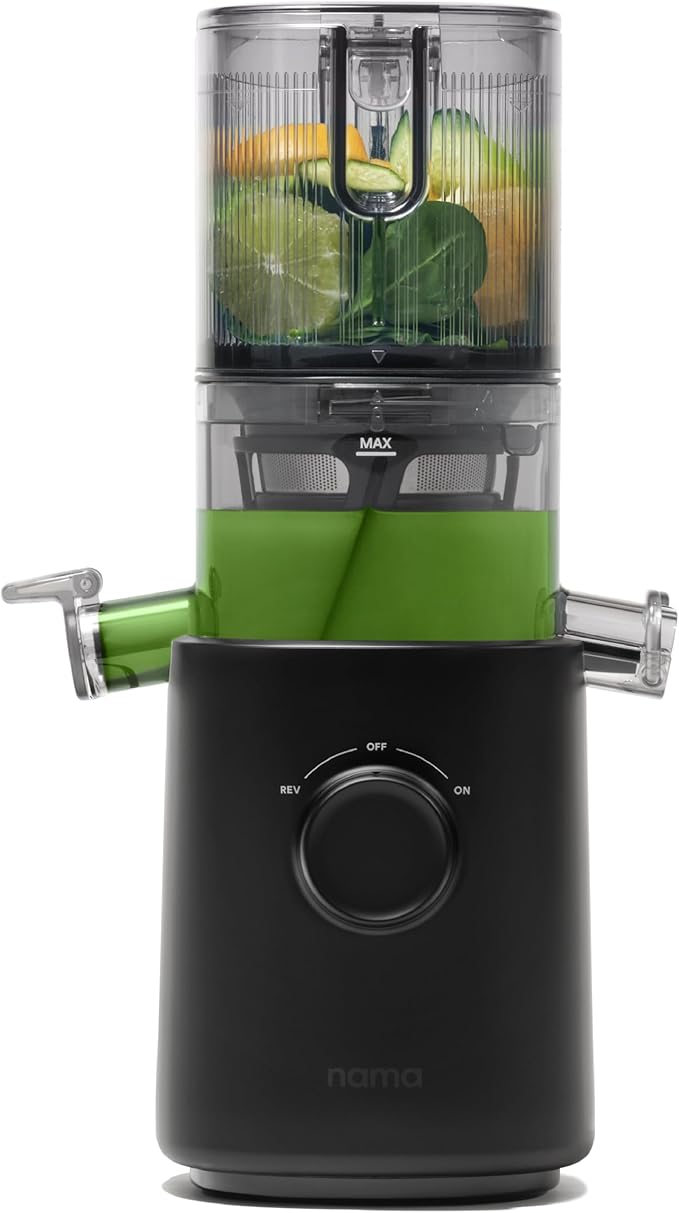 Nama J3 Compact Cold Press Juicer – Space Saving & Self Feeding for Hands-Free Operation – Lightweight, Portable Zero Waste Slow Masticating Juicer – Easy Cleanup & Assembly - Black