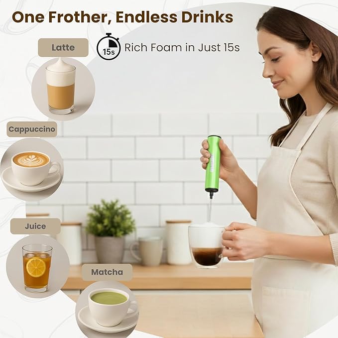Rechargeable Milk Frother, Electric Coffee Foamer, Handheld Drink Mixer for Latte, Cappuccino, Coffee, Eggs, Hot Chocolate, Protein,Green