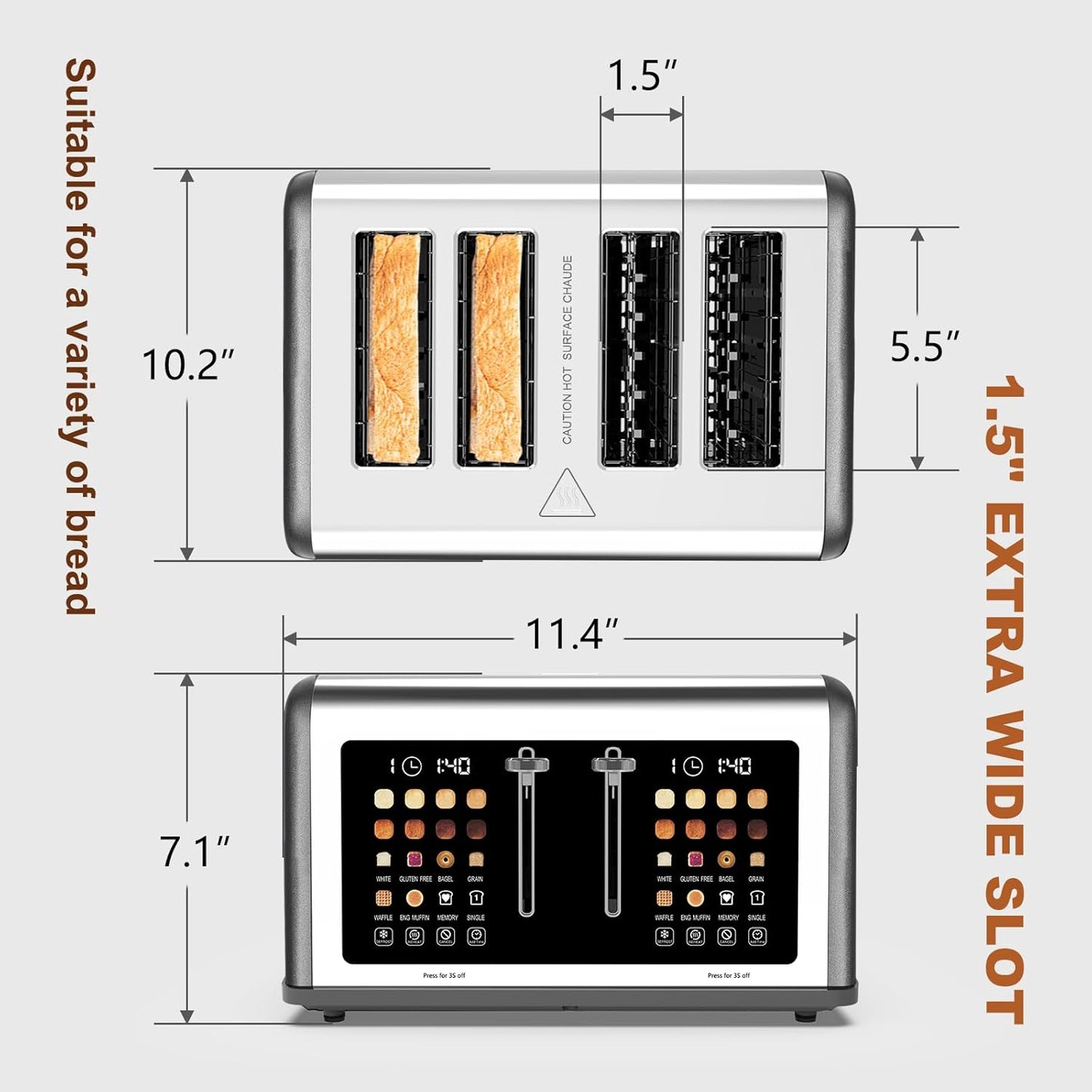 4 Slice Toaster Touch Screen, Stainless Steel Toasters Digital Timer, Dual Control Panel Toasters, 8 Shade Settings 6 Bread Types for Bagel, Cancel, Defrost 1650W Grey