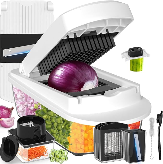 12 Blade All-in-1 Vegetable Chopper Mandoline Slicer with Container, Spiralizer with Containers, Food Chopper, Onion Chopper, Veggie Cutter for Salad, Kitchen Gadgets Accessories Essentials, White