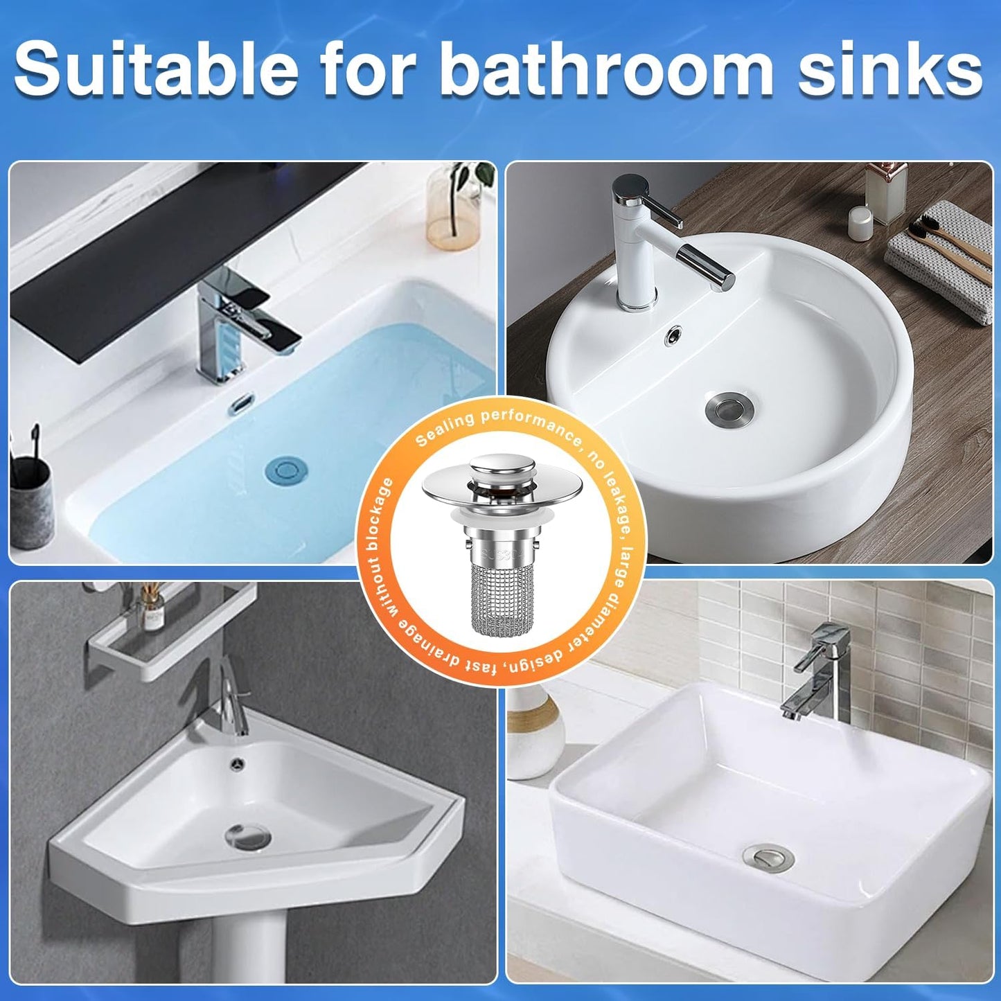 2PCS Sink Stopper Hair Catcher, Pop-up Sink Drain Strainer with Removable Stainless Steel Strainer Basket Hair Catcher, Bathroom Sink Strainer for Bathroom Sink Stopper Replacement.
