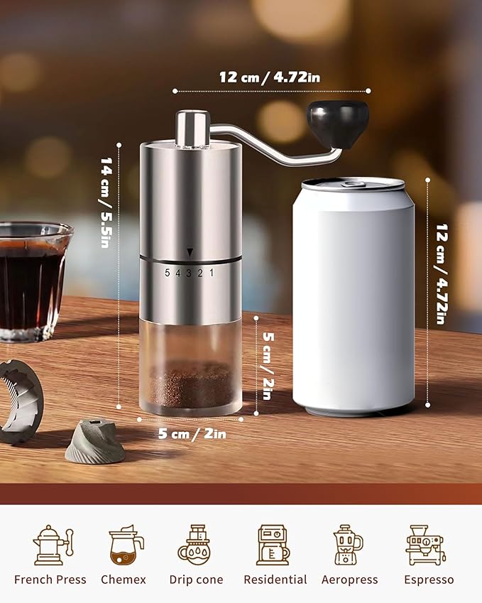 Manual Coffee Grinder With Ceramics Burr For Espresso,French Press,5 Adjustable Settings,Hand Maker with Built-In Burr,For Home Use and Camping Travel,Coffee Bean Grinders With Hand Crank