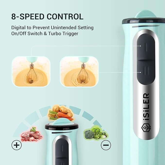 Immersion Hand Blender, ISILER 5-in-1 500-Watt Multi-Purpose Stick Blender with 860ml Food Chopper, 600ml Container, Milk Frother, Egg Whisk, 8-Speed for Puree Infant Food Smoothies Soups