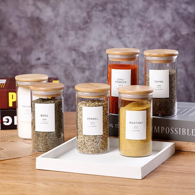 12 Pcs Glass Spice Jars With Bamboo Airtight Lids, 8oz Thicken(2.4mm) Spice Containers With 148 Minimalist Preprinted Waterproof Spice Labels, Kitchen Empty Small Storage Jars For Seasoning, Herb