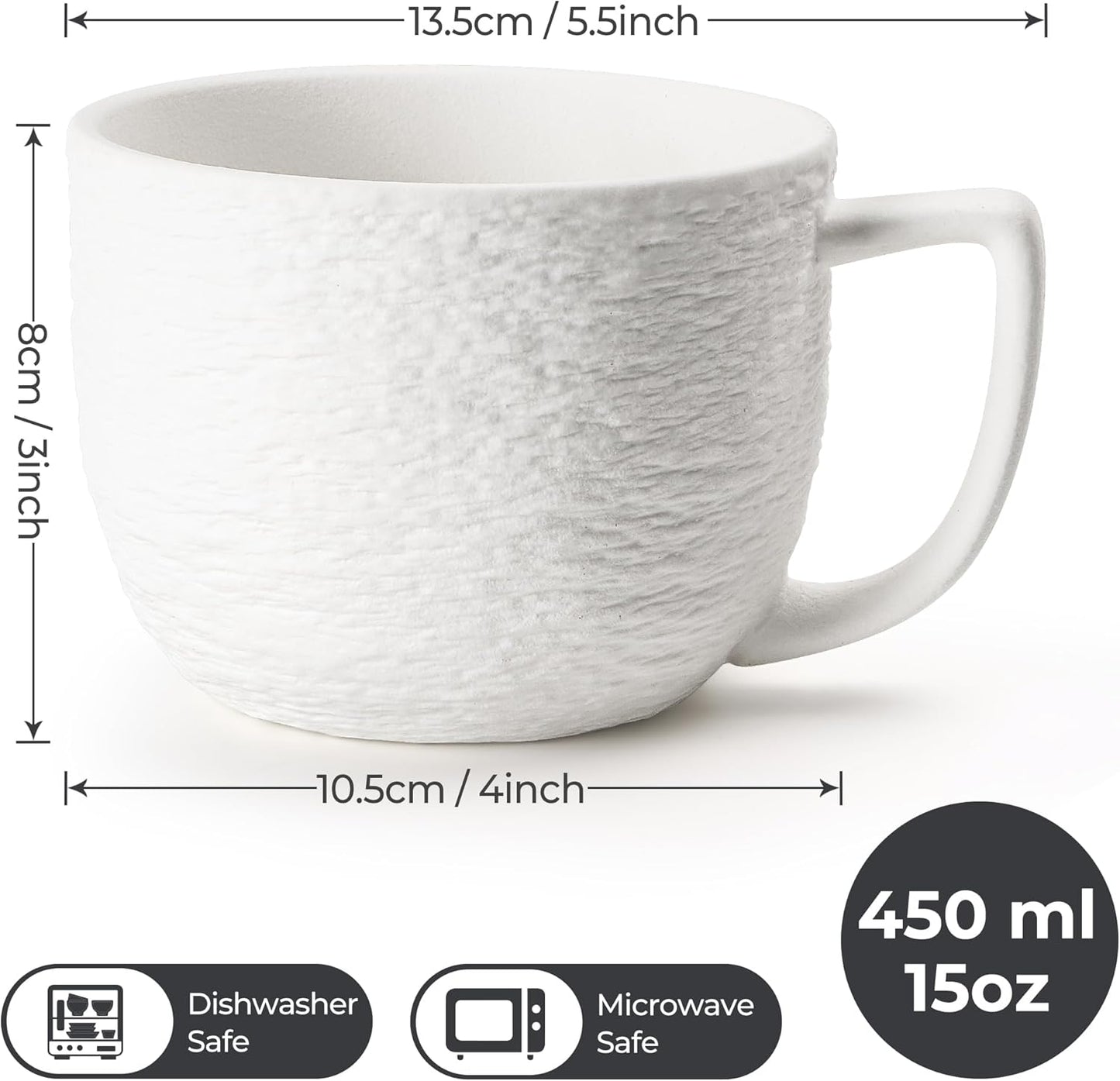 MIAMIO - Coffee Mug Set of 4 x 450 ml Cups/White Mugs Ceramic with Embossed Rock Texture for Coffee, Latte, Tea - Oasis Collection