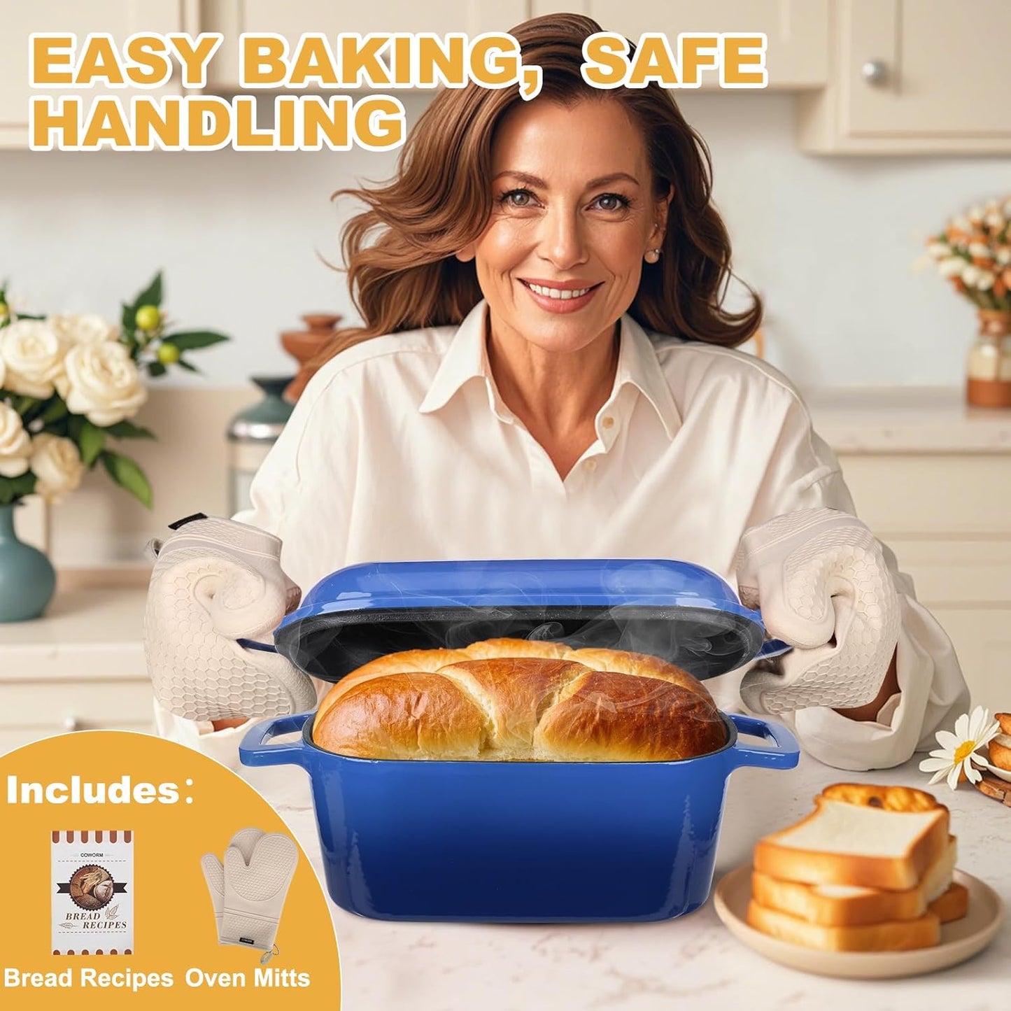 Enameled Dutch Oven for Sourdough Bread Baking, 3.6QT Oval Cast Iron Bread Pan with Lid