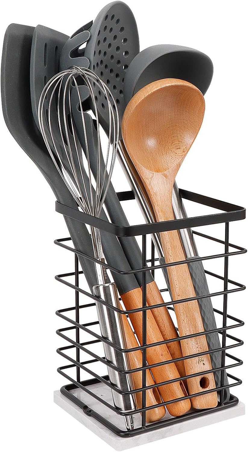Square Kitchen Utensil Holder, Sturdy Metal Rack for Countertop Storage, Cooking Tools Organizer with Drainage Hole, Stylish Utensil Caddy for Effortless Kitchen Organization, with Marble Base