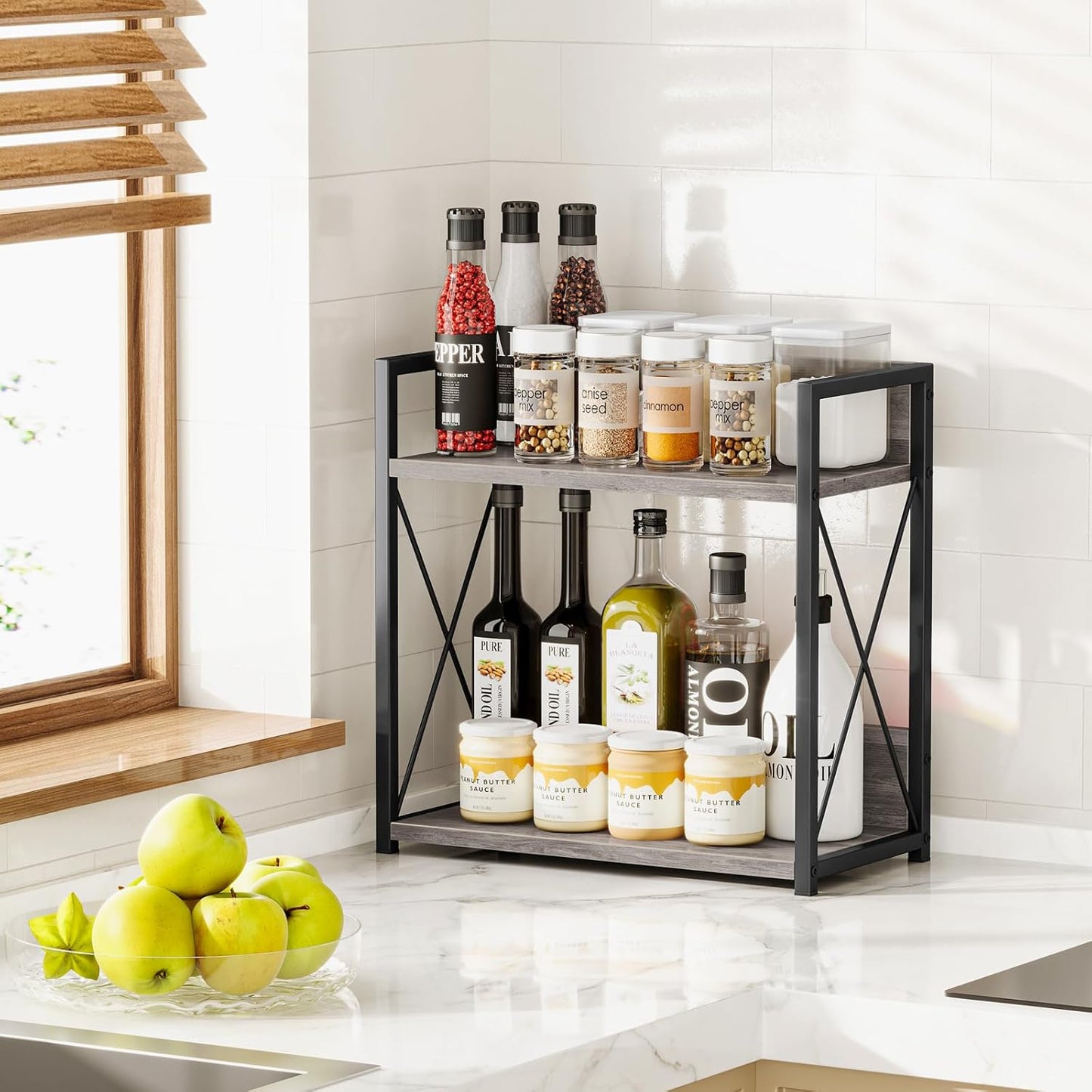 Giikin Coffee Bar Accessories, 2 Tier Spice Rack for Counter, Gray Kitchen Countertop Organizer (Grey, L)