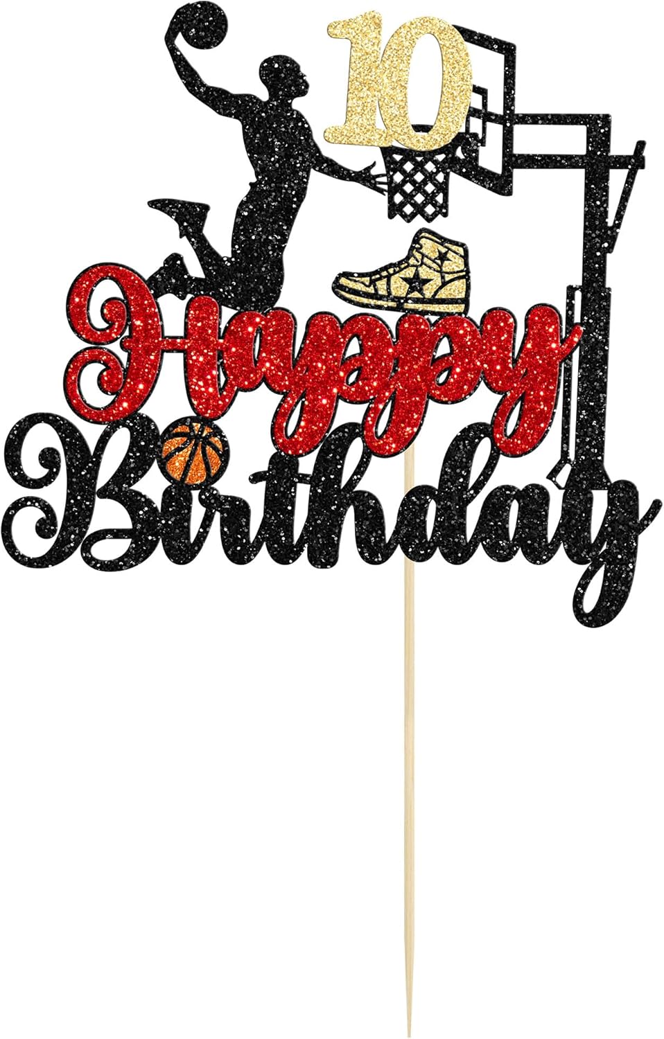 1Pc 10th Birthday Basketball Cake Topper Glitter Basketball Sports Theme Cake Pick for Baby Shower 10th Birthday Cake Decorations Party Supplies Black